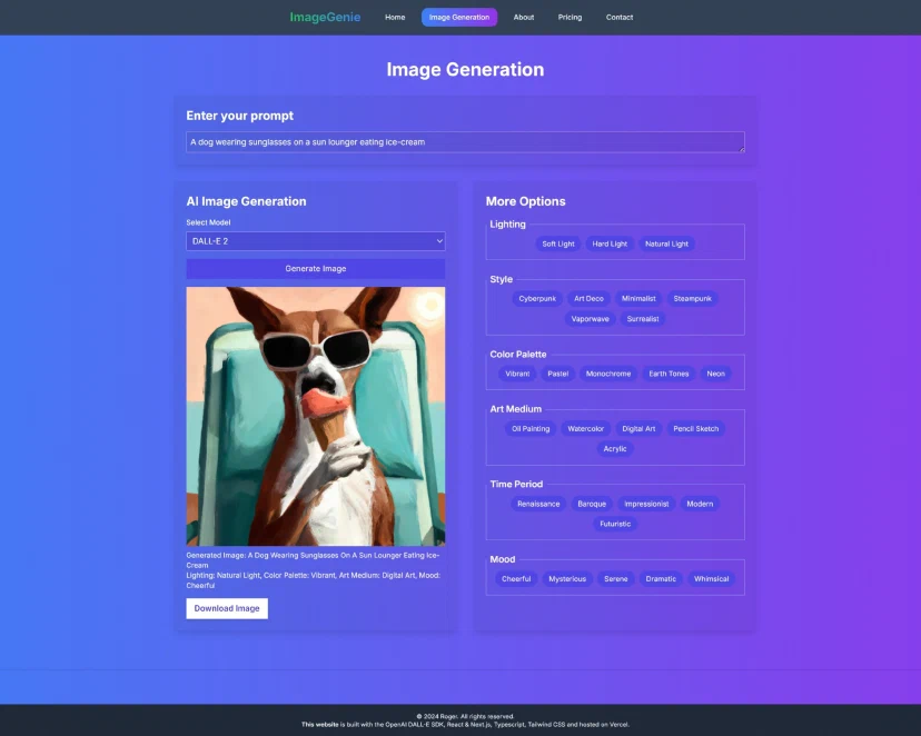 Screenshot of ImageGenie. A project that I coded